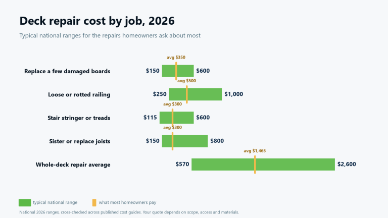 Chart of deck repair cost in 2026: boards $150 to $600, railing $250 to $1,000, stairs $115 to $600, joists $150 to $800, whole deck average $1,465