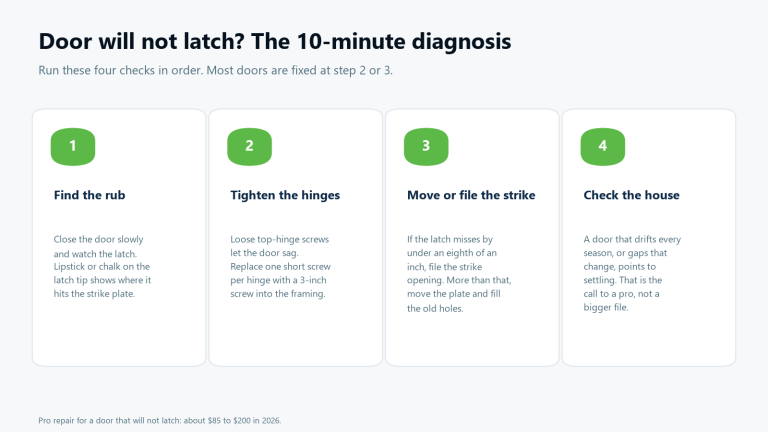 Four-step diagnosis for a door that will not latch: find the rub, tighten hinges with a 3-inch screw, file or move the strike plate, then check for settling
