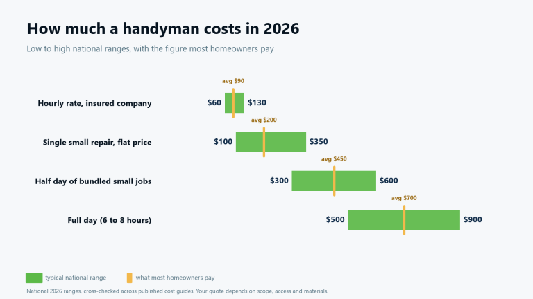 Chart of handyman cost in 2026: $60 to $130 per hour, $100 to $350 for a single repair with most paying about $200, $300 to $600 for a half day, $500 to $900 for a full day