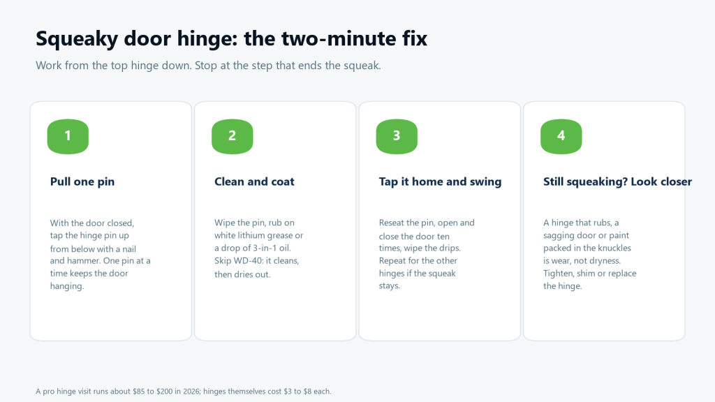 Four-step fix for a squeaky door hinge: pull one pin, clean and coat it with grease not WD-40, reseat and swing the door, then tighten or replace a worn hinge