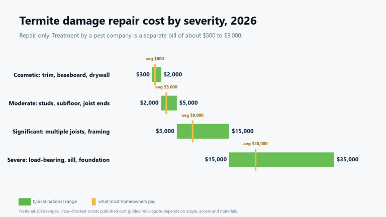 Chart of termite damage repair cost in 2026 by severity: cosmetic $300 to $2,000, moderate $2,000 to $5,000, significant $5,000 to $15,000, severe $15,000 to $35,000 or more