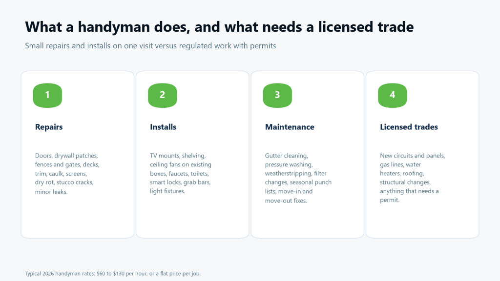 Chart of what a handyman does: repairs, installs and maintenance a handyman handles, versus licensed-trade work like new circuits, gas, roofing and structural changes