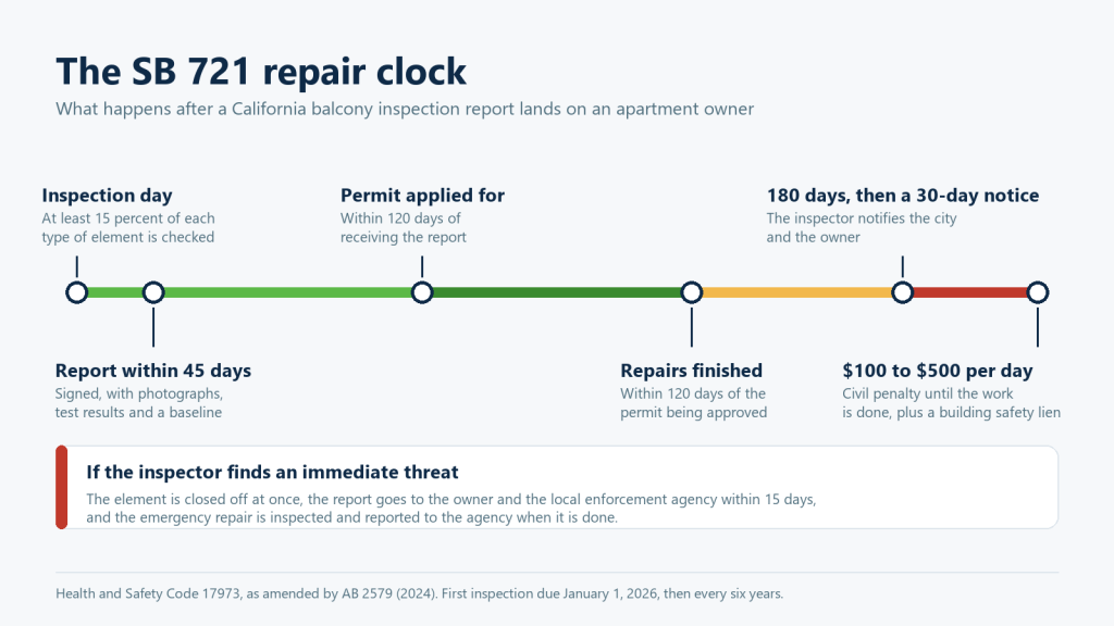 Timeline of the SB 721 repair clock for a California apartment balcony inspection: inspection day, the signed report within 45 days, the permit application within 120 days, repairs finished within 120 days of the permit, the 180-day mark with a 30-day notice, then a civil penalty of $100 to $500 per day and a building safety lien; an immediate threat is closed off at once and reported to the city within 15 days