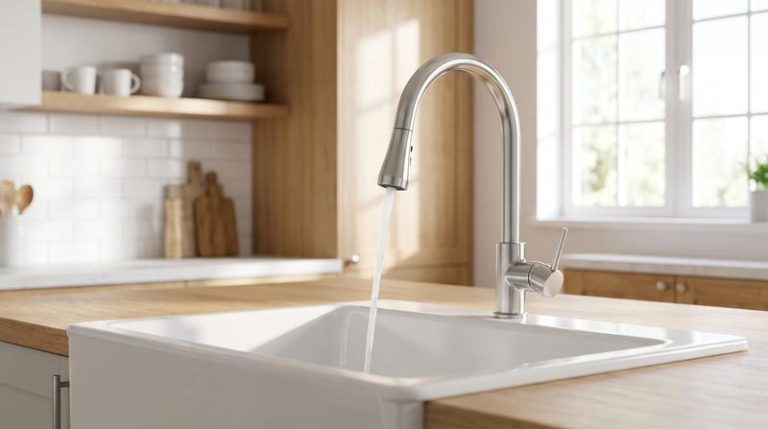 Water running from a kitchen faucet into a clean farmhouse sink